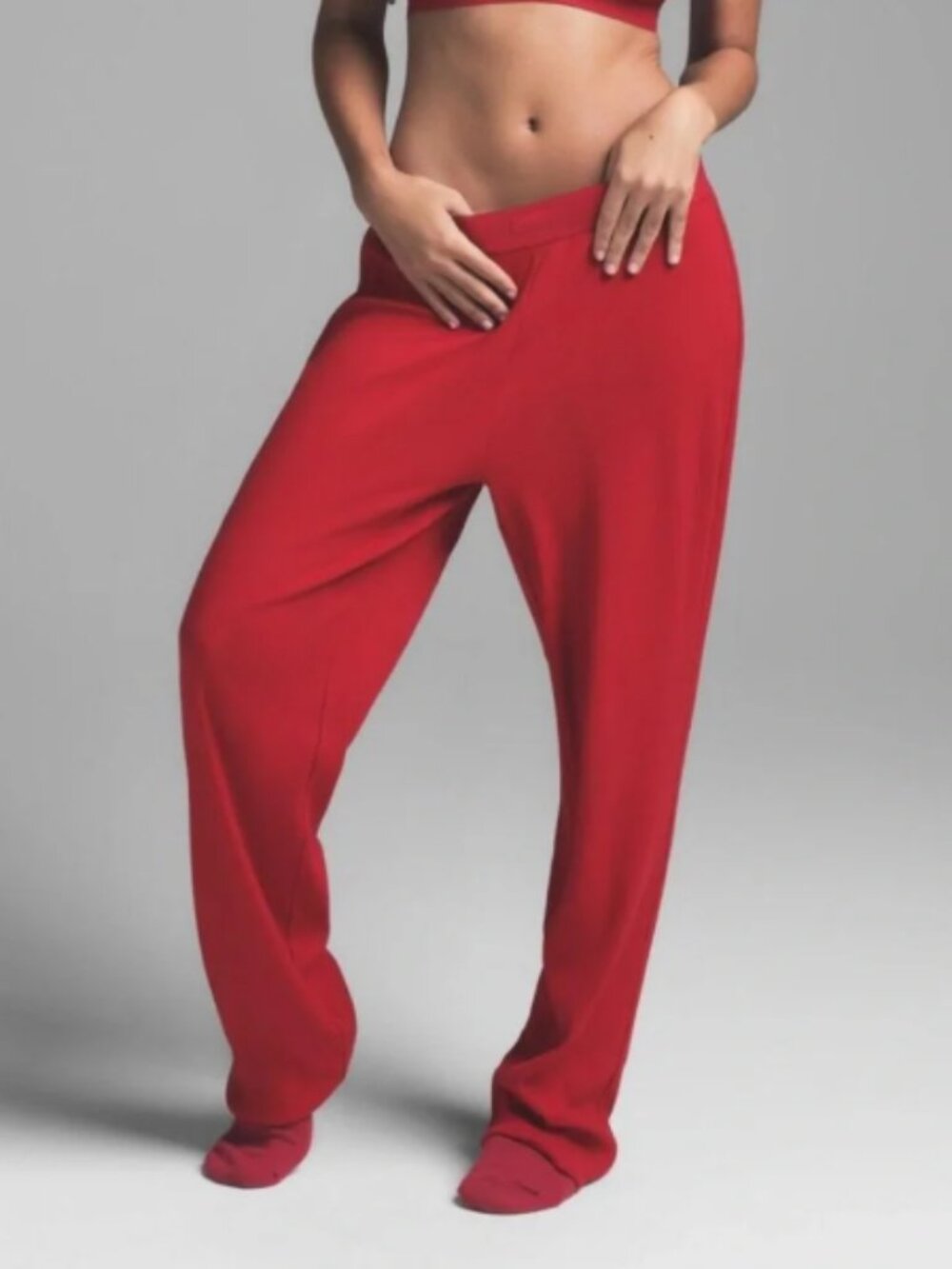 SKIMS Ribbed Straight Leg Lounge Pants Red Medium Loungewear Cotton